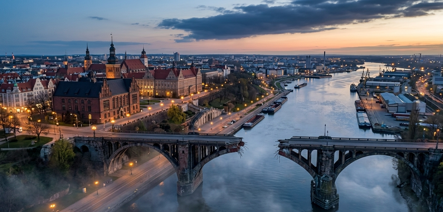 Panorama Szczecina o zmierzchu z mostem nad Odrą – metafora pomostu między światem analogowym a cyfrowym