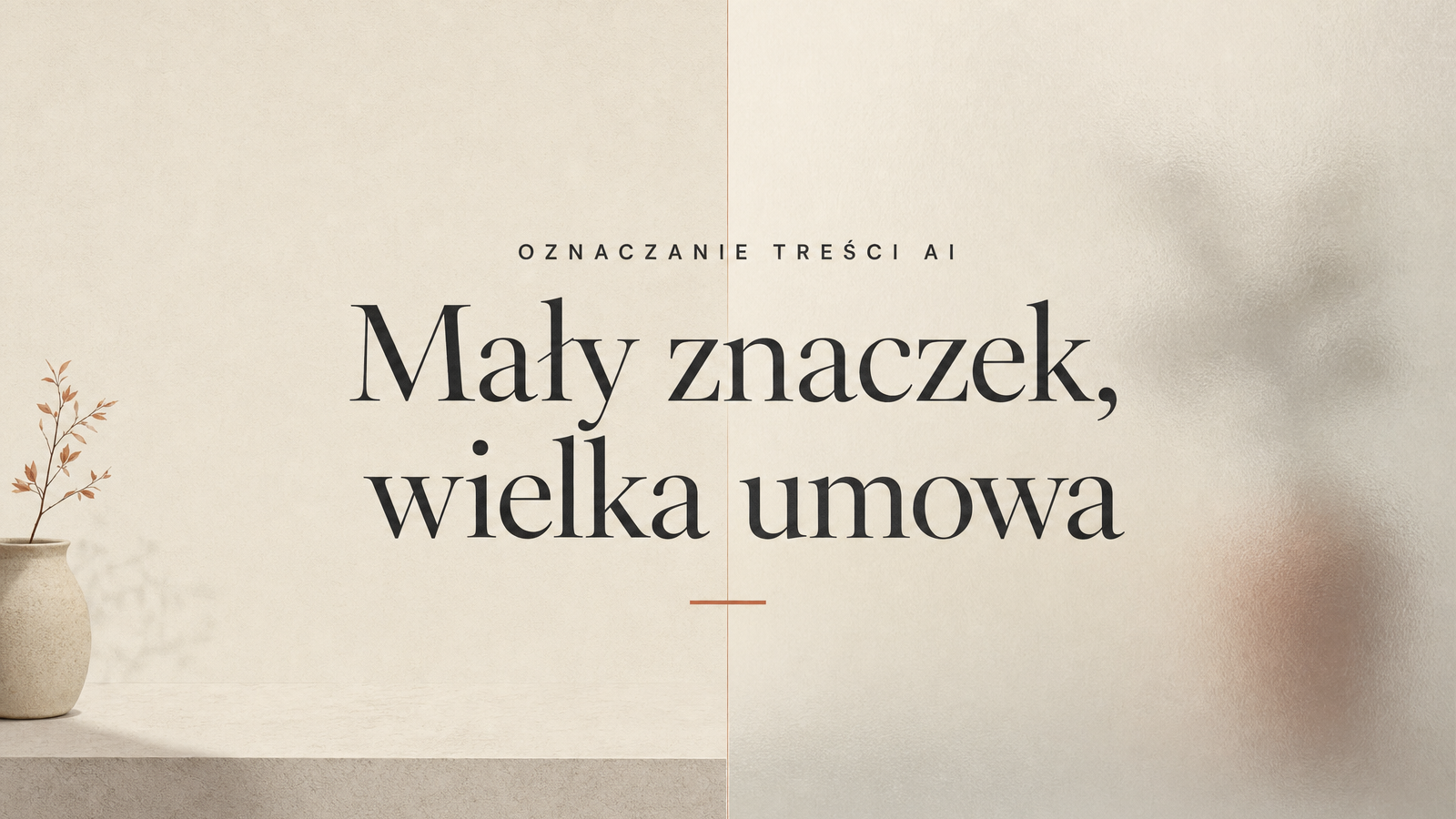 Pergaminowa grafika edytorska z hasłem 'Mały znaczek, wielka umowa' – wpis o oznaczaniu treści AI